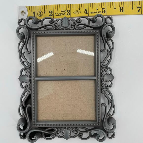 Double Photo Frame, Metal, Pewter Color, Ornate Scroll, 2 1/4” X 3 1/4” Ea. Side - Picture 6 of 7